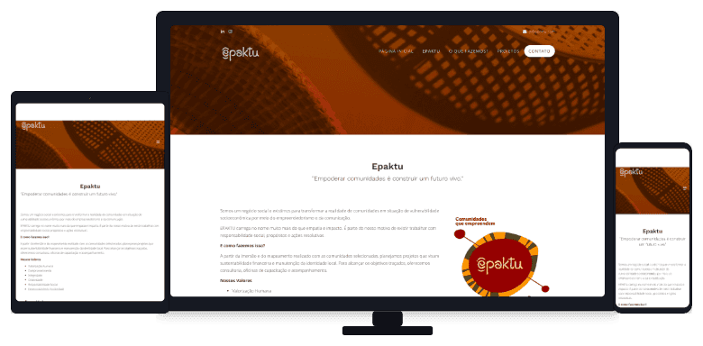 Site da Epaktu no monitor, no notebook e no celular, com o símbolo circular da marca ao lado do texto.